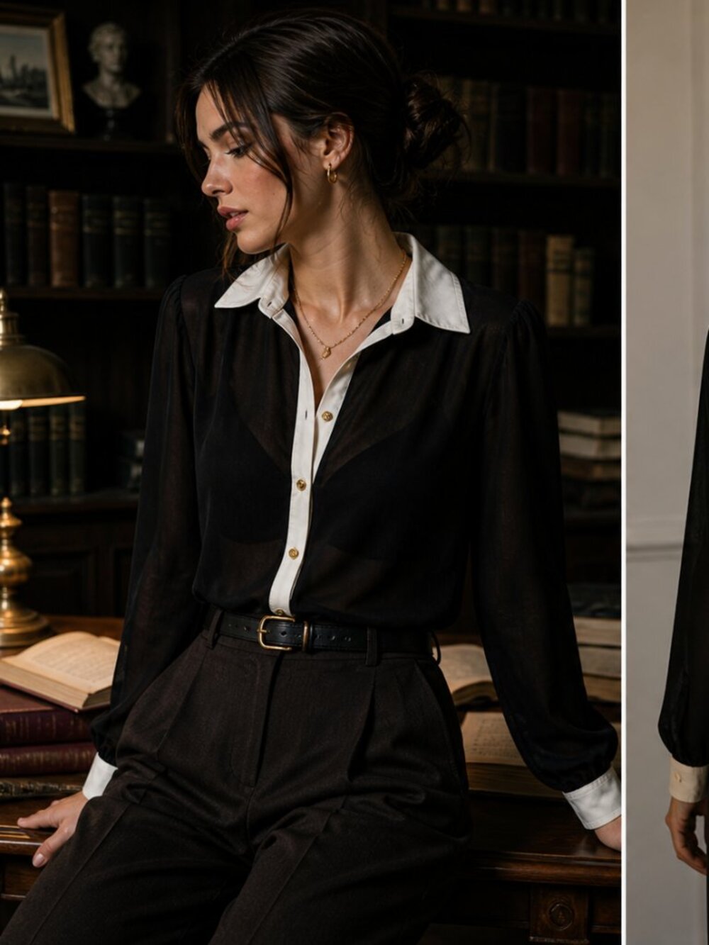 Sheer Black Button Down Blouse Open Back Dark Academia Office Siren Top